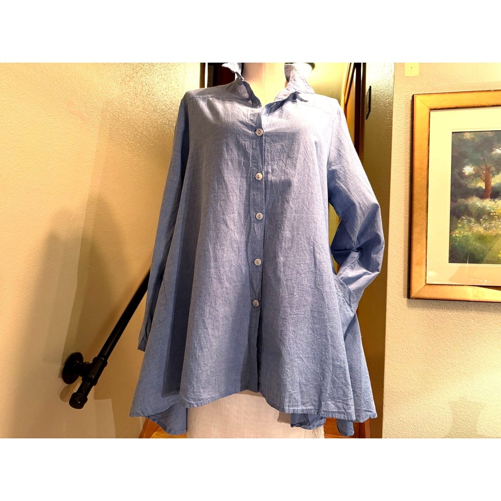 Tulip Blue Cotton Button Down Tunic Top High Low Hem Lagenlook Womens Small